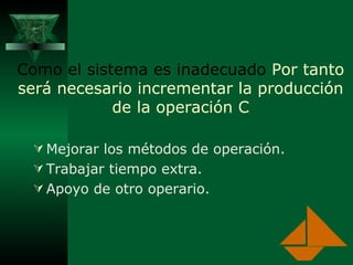 Como el sistema es inadecuado  Por tanto será necesario incrementar la producción de la operación C Mejorar los métodos de operación. Trabajar tiempo extra. Apoyo de otro operario. 