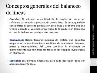 Conceptos generales del balanceo
de líneas
• Cantidad: El volumen o cantidad de la producción debe ser
suficiente para cubrir la preparación de una línea. Es decir, que debe
considerarse el costo de preparación de la línea y el ahorro que ella
tendría aplicado al volumen proyectado de la producción (teniendo
en cuenta la duración que tendrá el proceso).
• Continuidad: Deben tomarse medidas de gestión que permitan
asegurar un aprovisionamiento continuo de materiales, insumos,
piezas y subensambles. Así como coordinar la estrategia de
mantenimiento que minimice las fallas en los equipos involucrados
en el proceso.
• Equilibrio: Los tiempos necesarios para cada operación debe ser
aproximadamente igual.
05/04/2022
ING.
EDNA
GABRIELA
CEJA
SILVA
14
 