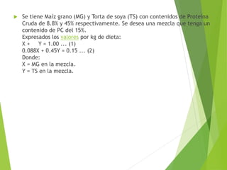  Se tiene Maíz grano (MG) y Torta de soya (TS) con contenidos de Proteína
Cruda de 8.8% y 45% respectivamente. Se desea una mezcla que tenga un
contenido de PC del 15%.
Expresados los valores por kg de dieta:
X + Y = 1.00 ... (1)
0.088X + 0.45Y = 0.15 ... (2)
Donde:
X = MG en la mezcla.
Y = TS en la mezcla.
 