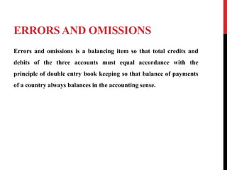 ERRORS AND OMISSIONS
Errors and omissions is a balancing item so that total credits and
debits of the three accounts must equal accordance with the
principle of double entry book keeping so that balance of payments
of a country always balances in the accounting sense.
 