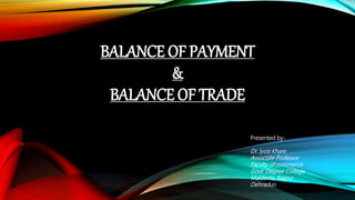 BALANCE OF PAYMENT
&
BALANCE OF TRADE
Presented by-
Dr. Jyoti Khare
Associate Professor
Faculty of commerce
Govt. Degree College
Maldevta, Raipur
Dehradun
 