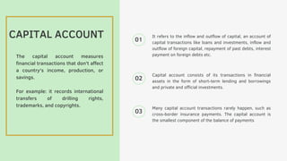 The capital account measures
financial transactions that don't affect
a country's income, production, or
savings.
For example: it records international
transfers of drilling rights,
trademarks, and copyrights.
01
Many capital account transactions rarely happen, such as
cross-border insurance payments. The capital account is
the smallest component of the balance of payments
02
03
Capital account consists of its transactions in financial
assets in the form of short-term lending and borrowings
and private and official investments.
It refers to the inflow and outflow of capital, an account of
capital transactions like loans and investments, inflow and
outflow of foreign capital, repayment of past debts, interest
payment on foreign debts etc.
CAPITAL ACCOUNT
 