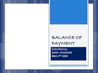 BALANCE OF
PAYMENT
Submitted by
SAHIL CHAUHAN
MBA 3RD SEM
 