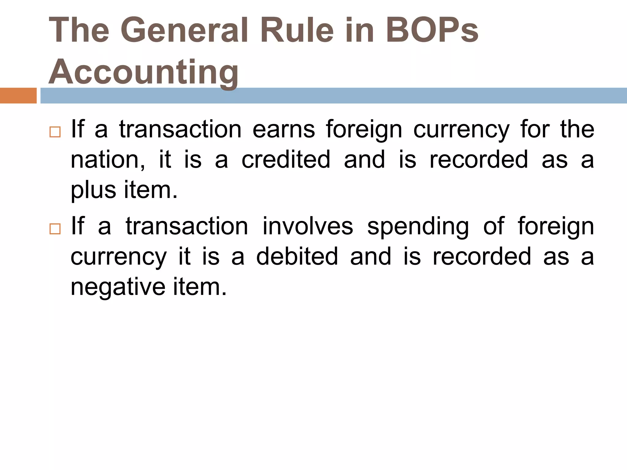 The General Rule in BOPs
Accounting
 If a transaction earns foreign currency for the
nation, it is a credited and is recorded as a
plus item.
 If a transaction involves spending of foreign
currency it is a debited and is recorded as a
negative item.
 