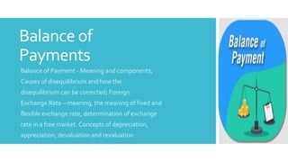 Balance of
Payments
Balance of Payment - Meaning and components;
Causes of disequilibrium and how the
disequilibrium can be corrected; Foreign
Exchange Rate – meaning, the meaning of fixed and
flexible exchange rate, determination of exchange
rate in a free market. Concepts of depreciation,
appreciation, devaluation and revaluation
 