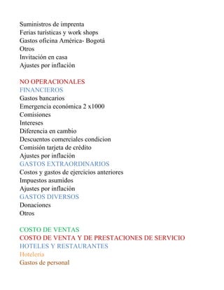 Suministros de imprenta
Ferias turísticas y work shops
Gastos oficina América- Bogotá
Otros
Invitación en casa
Ajustes por inflación

NO OPERACIONALES
FINANCIEROS
Gastos bancarios
Emergencia económica 2 x1000
Comisiones
Intereses
Diferencia en cambio
Descuentos comerciales condicion
Comisión tarjeta de crédito
Ajustes por inflación
GASTOS EXTRAORDINARIOS
Costos y gastos de ejercicios anteriores
Impuestos asumidos
Ajustes por inflación
GASTOS DIVERSOS
Donaciones
Otros

COSTO DE VENTAS
COSTO DE VENTA Y DE PRESTACIONES DE SERVICIO
HOTELES Y RESTAURANTES
Hotelería
Gastos de personal
 