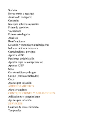 Sueldos
Horas extras y recargos
Auxilio de transporte
Cesantías
Intereses sobre las cesantías
Prima de servicios
Vacaciones
Primas extralegales
Auxilios
Bonificaciones
Dotación y suministro a trabajadores
Indemnizaciones laborales
Capacitación al personal
Aportes al ISS
Pensiones de jubilación
Aportes cajas de compensación
Aportes ICBF
Sena
Gastos médicos y drogas
Casino (comida empleados)
Otros
Ajustes por inflación
ARRENDAMIENTOS
Alquiler equipos
CONTRIBUCIONES Y AFILIACIONES
Afiliaciones y sostenimiento
Ajustes por inflación
SERVICIOS
Contrato de mantenimiento
Temporales
 