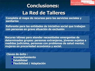 Conclusiones:  La Red de Talleres Claves de éxito : Acompañamiento Estabilidad  Flexibilidad / Adaptación Completa el mapa de recursos para los servicios sociales y sanitarios Referente para las entidades de iniciativa social que trabajan con personas en grave situación de exclusión Recurso idóneo para atender necesidades emergentes de determinados grupos: personas extranjeras, jóvenes sujetos a medidas judiciales, personas con problemas de salud mental, mujeres en precariedad económica y social. 