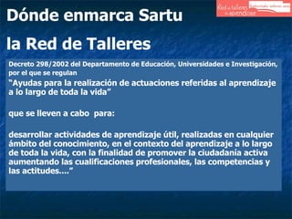 Dónde enmarca Sartu  la Red de Talleres Decreto 298/2002 del Departamento de Educación, Universidades e Investigación, por el que se regulan   “ Ayudas para la realización de actuaciones referidas al aprendizaje a lo largo de toda la vida”  que se lleven a cabo  para: desarrollar actividades de aprendizaje útil, realizadas en cualquier ámbito del conocimiento, en el contexto del aprendizaje a lo largo de toda la vida, con la finalidad de promover la ciudadanía activa aumentando las cualificaciones profesionales, las competencias y las actitudes....” 