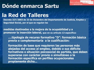 Dónde enmarca Sartu  la Red de Talleres Decreto 327/2003 de 23 de Diciembre del Departamento de Justicia, Empleo y Seguridad Social ,  por el que se regulan las medidas destinadas a la mejora de la ocupabilidad y a  promover la inserción laboral,  que en su artículo 13 específica: ....tipología de recurso formativo “D”: formación básica previa o complementaria  a la cualificación:  formación de base que requieren las personas más alejadas del acceso al empleo, debido a sus déficits formativos o situación psicosocial de partida, que deben superarse con carácter previo o simultáneo a la formación específica en perfiles ocupacionales propiamente dicha... 