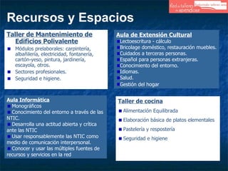 Recursos y Espacios Taller de Mantenimiento de Edificios Polivalente Módulos prelaborales: carpintería, albañilería, electricidad, fontanería, cartón-yeso, pintura, jardinería, escayola, otros. Sectores profesionales. Seguridad e higiene.  Aula de Extensión Cultural Lectoescritura - cálculo Bricolage doméstico, restauración muebles. Cuidados a terceras personas. Español para personas extranjeras. Conocimiento del entorno. Idiomas. Salud. Gestión del hogar   Taller de cocina Alimentación Equilibrada Elaboración básica de platos elementales Pastelería y respostería Seguridad e higiene Aula Informática Monográficos Conocimiento del entorno a través de las NTIC. Desarrolla una actitud abierta y crítica ante las NTIC Usar responsablemente las NTIC como medio de comunicación interpersonal. Conocer y usar las múltiples fuentes de recursos y servicios en la red   