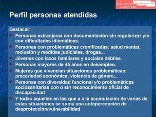 Destacar: Personas extranjeras con documentación sin regularizar y/o con dificultades idiomáticas. Personas con problemáticas cronificadas: salud mental, reclusión y medidas judiciales, drogas... Jóvenes con lazos familiares y sociales débiles. Personas mayores de 45 años en desempleo. Mujeres que vivencian situaciones problemáticas:  precariedad económica, violencia de género... Personas con diversidad funcional y/o problemáticas sociosanitarias con o sin reconocimiento oficial de discapacidad Y todas aquellas en las que a a la acumulación de varias de estas situaciones se suma una autopercepción de desprotección/vulnerabilidad Perfil personas atendidas 