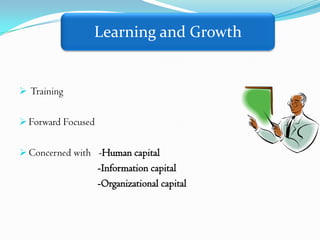 Learning and Growth


 Training


 Forward Focused


 Concerned with -Human capital
                    -Information capital
                    -Organizational capital
 