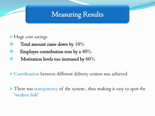 Measuring Results

 Huge cost savings
      Total amount came down by 10%
      Employee contribution rose by a 40%
      Motivation levels too increased by 60%

 Coordination between different delivery centers was achieved


 There was transparency of the system , thus making it easy to spot the
    ‘weakest link’
 