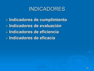 INDICADORES
 Indicadores de cumplimiento
 Indicadores de evaluación
 Indicadores de eficiencia
 Indicadores de eficacia
16
 