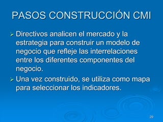 PASOS CONSTRUCCIÓN CMI
 Directivos analicen el mercado y la
estrategia para construir un modelo de
negocio que refleje las interrelaciones
entre los diferentes componentes del
negocio.
 Una vez construido, se utiliza como mapa
para seleccionar los indicadores.
29
 
