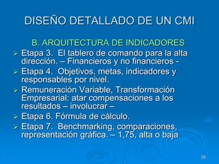 DISEÑO DETALLADO DE UN CMI
B. ARQUITECTURA DE INDICADORES
 Etapa 3. El tablero de comando para la alta
dirección. – Financieros y no financieros -
 Etapa 4. Objetivos, metas, indicadores y
responsables por nivel.
 Remuneración Variable, Transformación
Empresarial: atar compensaciones a los
resultados – involucrar –
 Etapa 6. Fórmula de cálculo.
 Etapa 7. Benchmarking, comparaciones,
representación gráfica. – 1,75, alta o baja
35
 