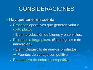 CONSIDERACIONES
 Hay que tener en cuenta:
 Procesos operativos que generan valor a
corto plazo.
- Ejem: producción de bienes y o servicios.
 Procesos a largo plazo. (Estratégicos o de
innovación).
- Ejem: Desarrollo de nuevos productos.
 Fuentes de ventaja competitiva
 Perspectiva de entorno competitivo
38
 
