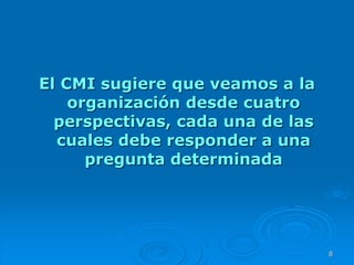 El CMI sugiere que veamos a la
organización desde cuatro
perspectivas, cada una de las
cuales debe responder a una
pregunta determinada
8
 