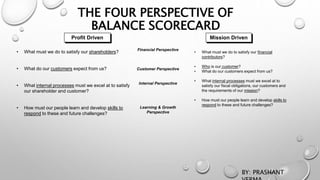 THE FOUR PERSPECTIVE OF
BALANCE SCORECARD
• What must we do to satisfy our financial
contributors?
• Who is our customer?
• What do our customers expect from us?
• What internal processes must we excel at to
satisfy our fiscal obligations, our customers and
the requirements of our mission?
• How must our people learn and develop skills to
respond to these and future challenges?
Profit Driven Mission Driven
• What must we do to satisfy our shareholders?
• What do our customers expect from us?
• What internal processes must we excel at to satisfy
our shareholder and customer?
• How must our people learn and develop skills to
respond to these and future challenges?
Financial Perspective
Customer Perspective
Internal Perspective
Learning & Growth
Perspective
BY: PRASHANT
 