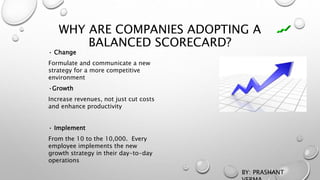 WHY ARE COMPANIES ADOPTING A
BALANCED SCORECARD?
• Change
Formulate and communicate a new
strategy for a more competitive
environment
•Growth
Increase revenues, not just cut costs
and enhance productivity
• Implement
From the 10 to the 10,000. Every
employee implements the new
growth strategy in their day-to-day
operations
BY: PRASHANT
 