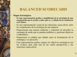 26
BALANCED SCORECARD
Mapas Estratégicos
– Es una representación grafica y simplificada de la estratégia de una
organización que le ayuda a saber qué es y a dónde ha de conducirse
en el futuro
- Es una representación visual de las relaciones causa-efecto entre
los componentes de la estrategia de una empresa.
- Proporcionan una manera uniforme y coherente de describir la
estrategia de modo que se puedan establecer y gestionar objetivos
e indicadores.
- Proporciona el eslabón que faltaba entre la formulación de la
estrategia y su ejecución.
- Está representación grafica expone los objetivos estratégicos (en
los óvalos), para cada una de las cuatro perspectivas y las
relaciones causa-efecto
 
