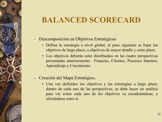 35
BALANCED SCORECARD
– Descomposición en Objetivos Estratégicos
• Defina la estrategia a nivel global, el paso siguiente es bajar los
objetivos de largo plazo, a objetivos de mayor detalle y corto plazo.
• Los objetivos deberán estar distribuidos en las cuatro perspectivas
presentadas anteriormente: Finanzas, Clientes, Procesos Internos,
Aprendizaje y Crecimiento.
– Creación del Mapa Estratégico.
• Una vez definidos los objetivos y las estrategias a largo plazo,
dentro de cada una de las perspectivas, se debe hacer un análisis
para ver como cada uno de los objetivos va encadenándose, y
afectándose entre sí.
 