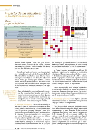 impacto en los ingresos. Queda claro, pues, que no
hay indicadores perfectos y que puede convenir
medir ciertos objetivos a través de varios indicadores
que nos dan diferentes perspectivas.
Entendiendo la diferencia entre objetivos estratégi-
cos e indicadores, resulta más fácil comprender la uti-
lidad de utilizar los objetivos para elaborar mapas
estratégicos. Los objetivos son el fin; los indicadores
son el medio que tenemos para medirlos. Además,
en un Balanced Scorecard habrá más indicadores
que objetivos, por lo que en aras de la simplificación
es más fácil elaborar los mapas estratégicos con obje-
tivos.
Para cada indicador, como es habitual, se debe-
rán fijar metas (también llamadas objetivos). No
vamos a entrar en este artículo en cómo fijar esas
metas, aunque sí es importante mencionar que
su fijación no es trivial. Como regla general,
debieran ser metas ambiciosas pero posibles.
5. Iniciativas estratégicas. Las iniciativas estratégicas
son las acciones en las que la organización se va a
centrar para la consecución de los objetivos estratégi-
cos. En nuestras empresas hacemos cosas, pero
¿están realmente enfocadas hacia el cumplimiento de
la estrategia? En muchas organizaciones encontramos
un exceso de iniciativas y proyectos con falta de
recursos y tiempo para llevarlas a cabo.
Es importante priorizar las iniciativas en función
de los objetivos estratégicos. Si analizamos el impacto
de las iniciativas en marcha en cada uno de los objeti-
vos estratégicos, podremos visualizar: iniciativas que
aportan poco valor al cumplimiento de esos objetivos
y objetivos estratégicos sin soporte de las iniciativas.
La Figura 3 muestra un ejemplo simplificado del
análisis del impacto de las iniciativas en los objetivos
estratégicos. Algunas organizaciones limitan el núme-
ro de iniciativas estratégicas a 5, 8 ó 10. Se trata de
decidir los proyectos en los que la organización se va
a centrar durante un determinado período de tiempo.
Las iniciativas también deben contar con indicadores
o ciertos hitos para realizar su seguimiento.
Las iniciativas pueden tener hitos de cumplimien-
to, sus propios indicadores para el seguimiento e
incluso un Balanced Scorecard propio. Hay organi-
zaciones que incluyen las acciones estratégicas como
una de las perspectivas del modelo.
6. Responsables y recursos. Cada objetivo, indicador
e iniciativa debe tener su responsable. Una persona a
cargo que controla su cumplimiento.
Otro aspecto clave para una implantación con
éxito del Balanced Scorecard es asignar los recursos
necesarios para el buen desarrollo de las iniciativas
estratégicas. Es el primer paso para el cumplimiento
de la estrategia. Por ello es necesario establecer los
equipos a cargo de cada iniciativa, así como el papel
que diferentes personas van a jugar en ellos. Y tam-
bién dotar a las iniciativas de los recursos necesarios
para su cumplimiento. Se recomienda que el presu-
puesto contenga una partida de recursos asignados a
A FONDO
38 IESE • REVISTA DE ANTIGUOS ALUMNOS, marzo de 2001
El modelo simplifica
la gestión al obligar
a la organización a
priorizar sus
objetivos e
iniciativas
Figura 3
Aumentar el valor de la empresa de forma continuada
Crecimiento de ventas
Aumentar rentabilidad
Captar nuevos clientes estratégicos
Fidelizar clientes estratégicos
Ser percibido como proveedor global
Relaciones institucionales con los clientes
Ser percibido como proveedor excelente
Adquisiciones y Green Fields Projects
Análisis de mercado
Actuación comercial
Relación con proveedores
Optimización y racionalización de operaciones
Adecuación estratégica de la estructura
Desarrollar competencias estratégicas
Cultura entendida como estrategia
Gestión de “compromisos”
Imagen y comunicación
Potenciar SI/TI
Tener capacidad de investigación
Persp.
infraestructuras
Persp.
procesos
Persp.
clientes
Persp.
financiera
1.Comunicaciónexterna
2.Modelodeactuacióncomercial
3.Planestratégicosistemasinformación
4.Plandeorganización
5.Metodologíainversiones
6.Proyectosinérgicoentrecentros
7.ImplantaciónestratégicaatravésBSC
8.Conocimientoclientes
9.LanzamientoPolonia
10.Adquisicionescontractmanufacturing
11.Plásticos
12.ArquitecturaRRHH
13.StrategicHumanPerformance
14.Competenciasequipodirectivo
15.Highpotential
16.Alineamientodeincentivos
17.Comunicacióninterna
18.Arquitecturamarketintelligence
Mapa
proyectos/objetivos
COLOR
IMPACTO INICIATIVAS
EN OBJETIVOS
Impacto positivo muy alto
Impacto positivo medio
Impacto positivo bajo
Impacto negativo medio
Impacto negativo alto
Sin impacto
impacto de las iniciativas
en los objetivos estratégicos
 