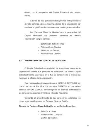 6
debajo, con la perspectiva del Capital Estructural, de carácter
interno.
A través de esta perspectiva trabajaremos en la generación
de valor para los públicos más importantes de la organización por
medio de la gestión en las relaciones que mantengamos con ellos.
Los Factores Clave de Gestión para la perspectiva del
Capital Relacional que podemos identificar en nuestra
organización son por ejemplo:
– Satisfacción de los Clientes
– Fidelización de Clientes
– Retención de Clientes
– Adquisición de Clientes.
3.3. PERSPECTIVA DEL CAPITAL ESTRUCTURAL
El Capital Estructural es propiedad de la empresa, queda en la
organización cuando sus personas la abandonan. Un sólido Capital
Estructural facilita una mejora en el flujo de conocimiento e implica una
mejora en la eficacia de la organización.
Está relacionada estrechamente con la ‘CADENA DE VALOR’ por
cuanto se han de identificar los procesos CRÍTICOS en que deben
destacar con EXCELENCIA, para el logro de los objetivos planteados en
las perspectivas externas: Financiera y Capital Relacional.
Siguiendo el procedimiento de las perspectivas anteriores, en
primer lugar identificaremos los Factores Clave de Gestión.
Ejemplo de Factores Clave de Gestión en un Centro Deportivo:
– Atención al cliente
– Mantenimiento / Limpieza
– Gestión de horarios
 