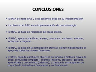CONCLUSIONES El Plan de nada sirve , si no tenemos éxito en su implementación La clave en el BSC, es la implementación de una estrategia El BSC, se basa en relaciones de causa-efecto. El BSC, ayuda a planificar, alinear, comunicar, controlar, motivar, incentivar y mejorar. El BSC, se basa en la participación efectiva, siendo indispensable el apoyo de todos los niveles Directivos. El BSC, permite establecer objetivos en función a factores claves de éxito: comunidad (impacto), clientes (misión), procesos (gestión), aprendizaje y crecimiento (talentos), y traduce la estrategia en un conjunto de indicadores financieros y no financieros. 