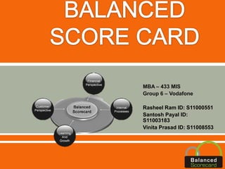  
MBA – 433 MIS
Group 6 – Vodafone
Rasheel Ram ID: S11000551
Santosh Payal ID:
S11003183
Vinita Prasad ID: S11008553
 