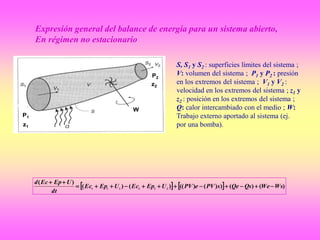 P2
P1
W
z1
z2
S, S1 y S2 : superficies límites del sistema ;
V: volumen del sistema ; P1 y P2 : presión
en los extremos del sistema ; V1 y V2 :
velocidad en los extremos del sistema ; z1 y
z2 : posición en los extremos del sistema ;
Q: calor intercambiado con el medio ; W:
Trabajo externo aportado al sistema (ej.
por una bomba).
Expresión general del balance de energía para un sistema abierto,
En régimen no estacionario
    )()())()(()()(
)(
222111
WsWeQsQesPVePVUEpEcUEpEc
dt
UEpEcd


 