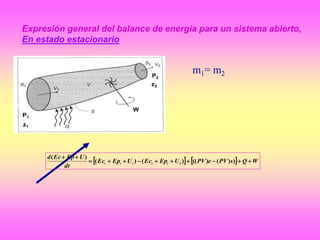 P2
P1
W
z1
z2
Expresión general del balance de energía para un sistema abierto,
En estado estacionario
m1= m2
    WQsPVePVUEpEcUEpEc
dt
UEpEcd


))()(()()(
)(
222111
 