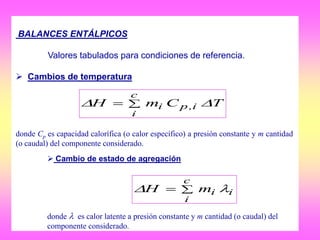 BALANCES ENTÁLPICOS
Valores tabulados para condiciones de referencia.
 Cambios de temperatura
donde Cp es capacidad calorífica (o calor específico) a presión constante y m cantidad
(o caudal) del componente considerado.

c
i
i,pi TCmH 
 Cambio de estado de agregación
donde  es calor latente a presión constante y m cantidad (o caudal) del
componente considerado.

c
i
iimH 
 