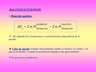 BALANCES ENTÁLPICOS
 Reacción química
 Hr depende de la temperatura y es prácticamente independiente de la
presión.
Calor de mezcla: Energía intercambiada cuando se disuelve un sólido o un
gas en un líquido, o cuando se mezclan dos líquidos o dos gases distintos.
 En general, poco significativa.
reactivos
formación
productos
formaciónr
HmHmH  
 