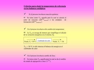 Criterios para elegir la temperatura de referencia
en los balances entálpicos
 Si el proceso involucra reacción química:
Se toma como Tref aquella para la cual se calcula el
calor de reacción (HTref
reacción) o las entalpías de
formación (HTref
formación )
Si el proceso involucra sólo cambio de temperatura:
La Tref se escoge de manera que simplifique el cálculo
de la variación energética en el sistema. Ej.
Tref
.
= 50 ºC si sólo interesa el balance de energía en el
cambiador de calor
Si el proceso involucra cambio de fase:
Se toma como Tref aquella para la cual se da el cambio
de estado de agregación o fase ( Tref
)
Cambiador de calor
Fluido, Te = 50 ºC Fluido, Ts = 150
ºC
 