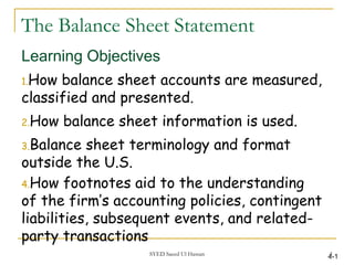 The Balance Sheet Statement
Learning Objectives
1.How balance sheet accounts are measured,
classified and presented.
2.How balance sheet information is used.
3.Balance sheet terminology and format
outside the U.S.
4.How footnotes aid to the understanding
of the firm’s accounting policies, contingent
liabilities, subsequent events, and related-
party transactions
4-11SYED Saeed Ul Hassan
 