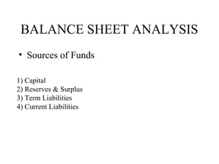 BALANCE SHEET ANALYSIS
• Sources of Funds
1) Capital
2) Reserves & Surplus
3) Term Liabilities
4) Current Liabilities
 