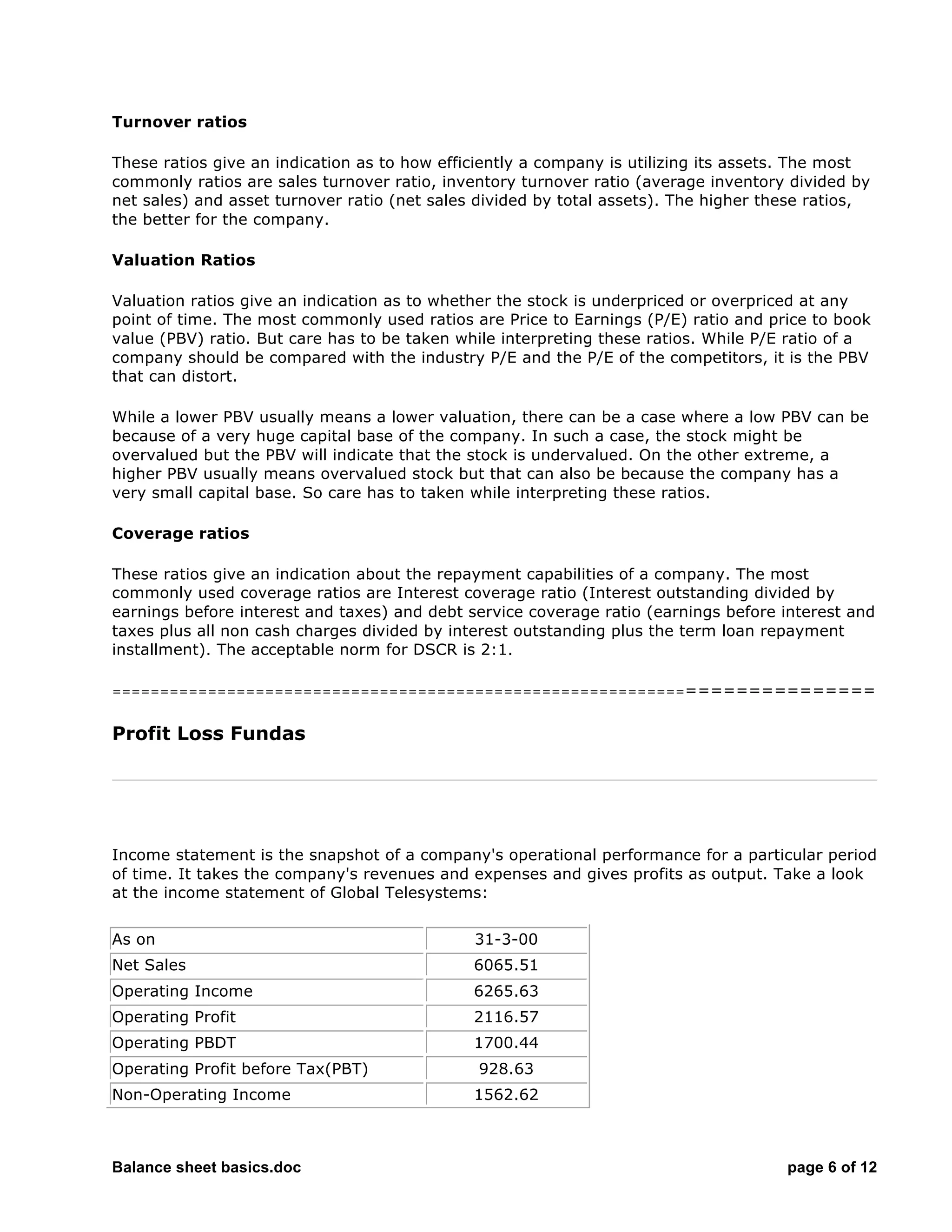Balance sheet basics.doc page 6 of 12
Turnover ratios
These ratios give an indication as to how efficiently a company is utilizing its assets. The most
commonly ratios are sales turnover ratio, inventory turnover ratio (average inventory divided by
net sales) and asset turnover ratio (net sales divided by total assets). The higher these ratios,
the better for the company.
Valuation Ratios
Valuation ratios give an indication as to whether the stock is underpriced or overpriced at any
point of time. The most commonly used ratios are Price to Earnings (P/E) ratio and price to book
value (PBV) ratio. But care has to be taken while interpreting these ratios. While P/E ratio of a
company should be compared with the industry P/E and the P/E of the competitors, it is the PBV
that can distort.
While a lower PBV usually means a lower valuation, there can be a case where a low PBV can be
because of a very huge capital base of the company. In such a case, the stock might be
overvalued but the PBV will indicate that the stock is undervalued. On the other extreme, a
higher PBV usually means overvalued stock but that can also be because the company has a
very small capital base. So care has to taken while interpreting these ratios.
Coverage ratios
These ratios give an indication about the repayment capabilities of a company. The most
commonly used coverage ratios are Interest coverage ratio (Interest outstanding divided by
earnings before interest and taxes) and debt service coverage ratio (earnings before interest and
taxes plus all non cash charges divided by interest outstanding plus the term loan repayment
installment). The acceptable norm for DSCR is 2:1.
===========================================================================
Profit Loss Fundas
Income statement is the snapshot of a company's operational performance for a particular period
of time. It takes the company's revenues and expenses and gives profits as output. Take a look
at the income statement of Global Telesystems:
As on 31-3-00
Net Sales 6065.51
Operating Income 6265.63
Operating Profit 2116.57
Operating PBDT 1700.44
Operating Profit before Tax(PBT) 928.63
Non-Operating Income 1562.62
 