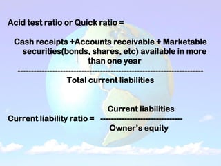 Acid test ratio or Quick ratio =
Cash receipts +Accounts receivable + Marketable
securities(bonds, shares, etc) available in more
than one year
----------------------------------------------------------------------
Total current liabilities
Current liabilities
Current liability ratio = -------------------------------
Owner’s equity
 