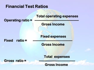Financial Test Ratios
Total operating expenses
Operating ratio = ---------------------------------------
Gross Income
Fixed expenses
Fixed ratio = -----------------------------------
Gross Income
Total expenses
Gross ratio = --------------------------------
Gross Income
 