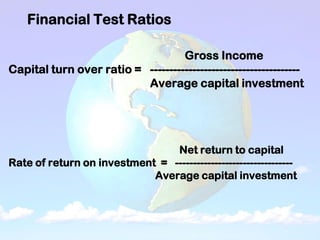 Financial Test Ratios
Gross Income
Capital turn over ratio = ---------------------------------------
Average capital investment
Net return to capital
Rate of return on investment = ---------------------------------
Average capital investment
 