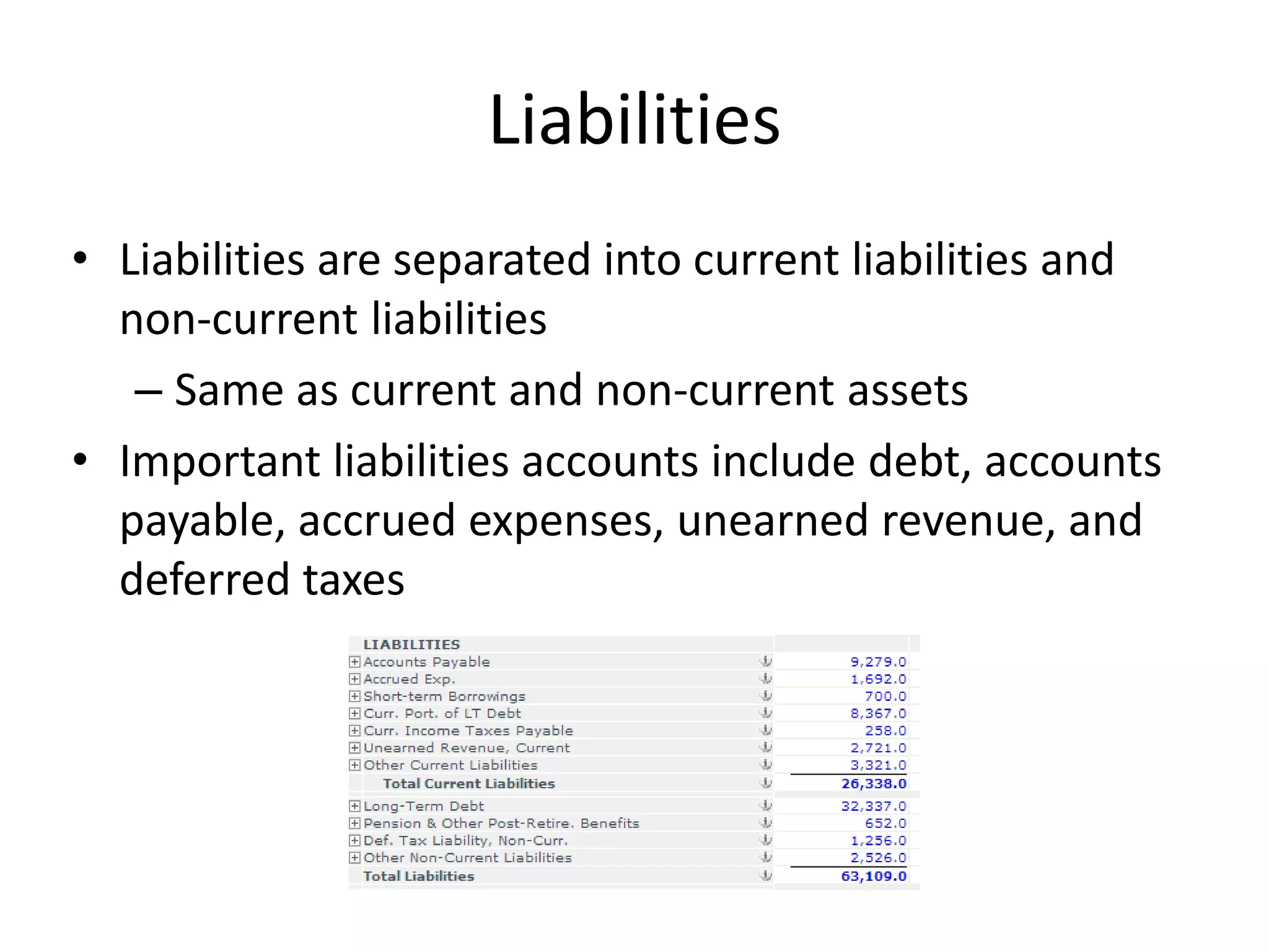 Liabilities 
• Liabilities are separated into current liabilities and 
non-current liabilities 
– Same as current and non-current assets 
• Important liabilities accounts include debt, accounts 
payable, accrued expenses, unearned revenue, and 
deferred taxes 
 