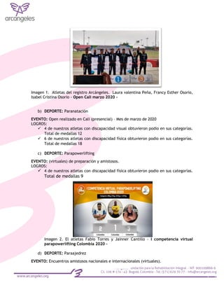 Imagen 1. Atletas del registro Arcángeles. Laura valentina Peña, Francy Esther Osorio,
Isabel Cristina Osorio - Open Cali marzo 2020 -
b) DEPORTE: Paranatación
EVENTO: Open realizado en Cali (presencial) – Mes de marzo de 2020
LOGROS:
 4 de nuestros atletas con discapacidad visual obtuvieron podio en sus categorías.
Total de medallas 12
 6 de nuestros atletas con discapacidad física obtuvieron podio en sus categorías.
Total de medallas 18
c) DEPORTE: Parapowerlifting
EVENTO: (virtuales) de preparación y amistosos.
LOGROS:
 4 de nuestros atletas con discapacidad física obtuvieron podio en sus categorías.
Total de medallas 9
Imagen 2. El atletas Fabio Torres y Jainner Cantillo - I competencia virtual
parapowerlifting Colombia 2020 –
d) DEPORTE: Paraajedrez
EVENTO: Encuentros amistosos nacionales e internacionales (virtuales).
 