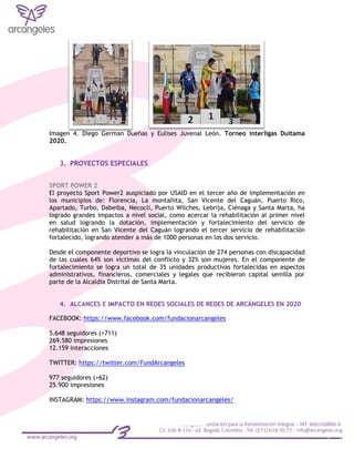 Imagen 4. Diego German Dueñas y Eulises Juvenal León. Torneo interligas Duitama
2020.
3. PROYECTOS ESPECIALES
SPORT POWER 2
El proyecto Sport Power2 auspiciado por USAID en el tercer año de implementación en
los municipios de: Florencia, La montañita, San Vicente del Caguán, Puerto Rico,
Apartado, Turbo, Dabeiba, Necocli, Puerto Wilches, Lebrija, Ciénaga y Santa Marta, ha
logrado grandes impactos a nivel social, como acercar la rehabilitación al primer nivel
en salud logrando la dotación, implementación y fortalecimiento del servicio de
rehabilitación en San Vicente del Caguán logrando el tercer servicio de rehabilitación
fortalecido, logrando atender a más de 1000 personas en los dos servicio.
Desde el componente deportivo se logra la vinculación de 274 personas con discapacidad
de las cuales 64% son víctimas del conflicto y 32% son mujeres. En el componente de
fortalecimiento se logra un total de 35 unidades productivas fortalecidas en aspectos
administrativos, financieros, comerciales y legales que recibieron capital semilla por
parte de la Alcaldía Distrital de Santa Marta.
4. ALCANCES E IMPACTO EN REDES SOCIALES DE REDES DE ARCÁNGELES EN 2020
FACEBOOK: https://www.facebook.com/fundacionarcangeles
5.648 seguidores (+711)
269.580 impresiones
12.159 interacciones
TWITTER: https://twitter.com/FundArcangeles
977 seguidores (+62)
25.900 impresiones
INSTAGRAM: https://www.instagram.com/fundacionarcangeles/
 