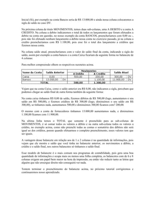 Inicial (Si), por exemplo na conta Bancos seria de R$ 13.000,00 e ainda nessa coluna colocaremos a
sigla do saldo no caso DV.

Na próxima coluna de titulo MOVIMENTOS, temos duas sub-colunas, uma A DEBITO e a outra A
CREDITO. Na coluna a debito indicaremos o total de todos os lançamentos que foram efetuados a
debito na conta em questão, no nosso exemplo da conta BANCOS, preencheríamos com 0,00 ou -,
pois não foi efetuado nenhum lançamento a debito nessa conta no exercício passado, já na coluna a
credito preencheríamos com R$ 1.100,00, pois esse foi o total dos lançamento a créditos que
fizemos nessa conta.

Na coluna saldo atual, preencheríamos com o valor do saldo final da conta, indicando a sigla do
saldo, assim por exemplo a conta bancos e a conta Caixa ficariam da seguinte forma no balancete de
4 colunas:

Para melhor compreensão olhem os respectivos razonetes acima.




Vejam que na conta Caixa, como o saldo anterior era R$ 0,00, não indicamos a sigla, percebam que
podemos chegar ao saldo final de outra forma também da seguinte forma:

Na conta caixa tínhamos R$ 0,00 de saldo, fizemos débitos de R$ 500,00 (logo, aumentamos o seu
saldo em R$ 500,00), e fizemos créditos de R$ 300,00 (logo, diminuímos o seu saldo em R$
300,00), se tínhamos nada, aumentamos 500,00 e diminuímos 300,00 ficamos com? 200,00.

O mesmo com a conta de fornecedores tínhamos 13.000,00 aumentamos nada, e diminuímos
1.100,00 ficamos com 11.900,00.

Na ultima linha temos o TOTAL que somente é preenchido para as sub-colunas de
MOVIMENTOS, é só somar todos os valores a débito e na outra sub-coluna todos os valores a
crédito, no exemplo acima, como não preenchi todas as contas o somatório dos débitos não será
igual ao dos créditos, porem quando efetuarmos o completo preenchimento, esses valores tem que
ser iguais.

A vantagem desse balancete em relação aos de 1 e 2 colunas é na quantidade de informações, pois
vejam que ele mostra o saldo que você tinha no balancete anterior, os movimentos a débito, a
crédito e o saldo final, nos outros balancetes só tínhamos o saldo final.

Esse modelo de balancete é o mais comum nos programas de contabilidade, pois gera uma boa
quantidade de informações e ocupa mais ou menos uma folha completa, os balancetes com de 6 e 8
colunas exigem um papel bem maior na hora da impressão, ou então vão reduzir tanto as letras que
alguém que não enxergue direito não conseguirá ver nada.

Tentem terminar o preenchimento do balancete acima, no próximo tutorial corrigiremos e
continuaremos nosso aprendizado.
 
