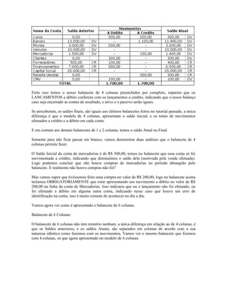 Feito isso temos o nosso balancete de 4 colunas preenchidos por completo, reparem que os
LANCAMENTOS a débito conferem com os lançamentos a credito, indicando que o nosso balanço
caso seja encerrado as contas de resultado, o ativo e o passivo serão iguais.

Se perceberem, os saldos finais, são iguais aos últimos balancetes feitos no tutorial passado, a única
diferença é que o modelo de 4 colunas, apresentam o saldo inicial, e os totais de movimentos
efetuados a crédito e a débito em cada conta.

E em comum aos demais balancetes de 1 e 2 colunas, temos o saldo Atual ou Final.

Somente para não ficar passar em branco, vamos demonstrar duas análises que o balancete de 4
colunas permite fazer.

O Saldo Inicial da conta de mercadorias é de R$ 500,00, temos no balancete que essa conta só foi
movimentada a crédito, indicando que diminuímos o saldo dela (motivada pela venda efetuada).
Logo podemos concluir que não houve compras de mercadorias no período abrangido pelo
balancete. E realmente não houve compras não foi?

Mas vamos supor que tivéssemos feito uma compra no valor de R$ 200,00, logo no balancete acima
teríamos OBRIGATORIAMENTE que estar apresentando um movimento a débito no valor de R$
200,00 na linha da conta de Mercadorias. Isso indicaria que ou o lançamento não foi efetuado, ou
foi efetuado a débito em alguma outra conta, indicando nesse caso que houve um erro de
identificação na conta, isso é muito comum de acontecer no dia a dia.

Vamos agora ver como é apresentado o balancete de 6 colunas.

Balancete de 6 Colunas:

O balancete de 6 colunas não tem mistério nenhum, a única diferença em relação ao de 4 colunas, é
que os Saldos anteriores, e os saldos Atuais, são separados em colunas de acordo com a sua
natureza idêntico como fazemos com os movimentos, Vamos ver o mesmo balancete que fizemos
com 4 colunas, só que agora apresentado no modelo de 6 colunas.
 
