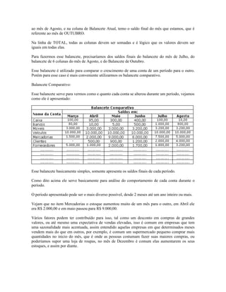ao mês de Agosto, e na coluna de Balancete Atual, temo o saldo final do mês que estamos, que é
referente ao mês de OUTUBRO.

Na linha de TOTAL, todas as colunas devem ser somadas e é lógico que os valores devem ser
iguais em todas elas.

Para fazermos esse balancete, precisaríamos dos saldos finais do balancete do mês de Julho, do
balancete de 6 colunas do mês de Agosto, e do Balancete de Outubro.

Esse balancete é utilizado para comparar o crescimento de uma conta de um período para o outro.
Porém para esse caso é mais conveniente utilizarmos os balancete comparativo.

Balancete Comparativo:

Esse balancete serve para vermos como e quanto cada conta se alterou durante um período, vejamos
como ele é apresentado:




Esse balancete basicamente simples, somente apresenta os saldos finais de cada período.

Como dito acima ele serve basicamente para análise do comportamento de cada conta durante o
período.

O período apresentado pode ser o mais diverso possível, desde 2 meses até um ano inteiro ou mais.

Vejam que no item Mercadorias o estoque aumentou muito de um mês para o outro, em Abril ele
era R$ 2.000,00 e em maio passou para R$ 9.000,00.

Vários fatores podem ter contribuído para isso, tal como um desconto em compras de grandes
valores, ou até mesmo uma expectativa de vendas elevadas, isso é comum em empresas que tem
uma sazonalidade mais acentuada, assim entendido aquelas empresas em que determinados meses
vendem mais do que em outros, por exemplo, é comum um supermercado pequeno comprar mais
quantidades no inicio do mês, que é onde as pessoas costumam fazer suas maiores compras, ou
poderíamos supor uma loja de roupas, no mês de Dezembro é comum elas aumentarem os seus
estoques, e assim por diante.
 