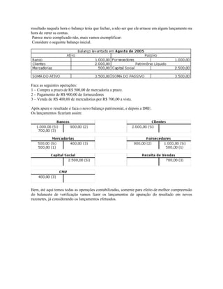 resultado naquela hora o balanço teria que fechar, a não ser que ele errasse em algum lançamento na
hora de zerar as contas.
 Parece meio complicado não, mais vamos exemplificar:
 Considere o seguinte balanço inicial.




Faca as seguintes operações:
1 – Compra a prazo de R$ 500,00 de mercadoria a prazo.
2 – Pagamento de R$ 900,00 de fornecedores
3 – Venda de R$ 400,00 de mercadorias por R$ 700,00 a vista.

Após apure o resultado e faca o novo balanço patrimonial, e depois a DRE.
Os lançamentos ficariam assim:




Bem, até aqui temos todas as operações contabilizadas, somente para efeito de melhor compreensão
do balancete de verificação vamos fazer os lançamentos de apuração do resultado em novos
razonetes, já considerando os lançamentos efetuados.
 