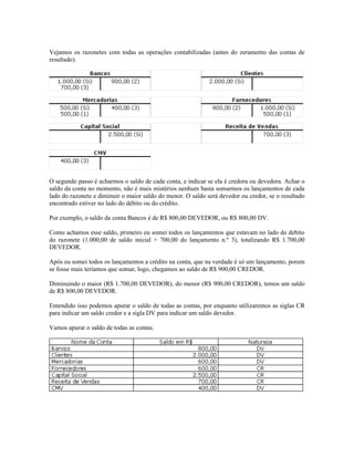 Vejamos os razonetes com todas as operações contabilizadas (antes do zeramento das contas de
resultado).




O segundo passo é acharmos o saldo de cada conta, e indicar se ela é credora ou devedora. Achar o
saldo da conta no momento, não é mais mistérios nenhum basta somarmos os lançamentos de cada
lado do razonete e diminuir o maior saldo do menor. O saldo será devedor ou credor, se o resultado
encontrado estiver no lado do débito ou do crédito.

Por exemplo, o saldo da conta Bancos é de R$ 800,00 DEVEDOR, ou R$ 800,00 DV.

Como achamos esse saldo, primeiro eu somei todos os lançamentos que estavam no lado do debito
do razonete (1.000,00 de saldo inicial + 700,00 do lançamento n.º 3), totalizando R$ 1.700,00
DEVEDOR.

Após eu somei todos os lançamentos a crédito na conta, que na verdade é só um lançamento, porem
se fosse mais teríamos que somar, logo, chegamos ao saldo de R$ 900,00 CREDOR.

Diminuindo o maior (R$ 1.700,00 DEVEDOR), do menor (R$ 900,00 CREDOR), temos um saldo
de R$ 800,00 DEVEDOR.

Entendido isso podemos apurar o saldo de todas as contas, por enquanto utilizaremos as siglas CR
para indicar um saldo credor e a sigla DV para indicar um saldo devedor.

Vamos apurar o saldo de todas as contas.
 